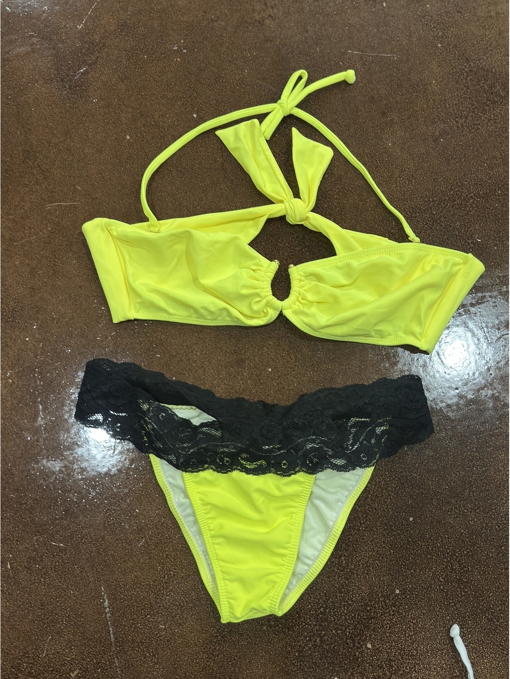 Doll Swimwear Yellow Bikini Set with Black Lace Trim